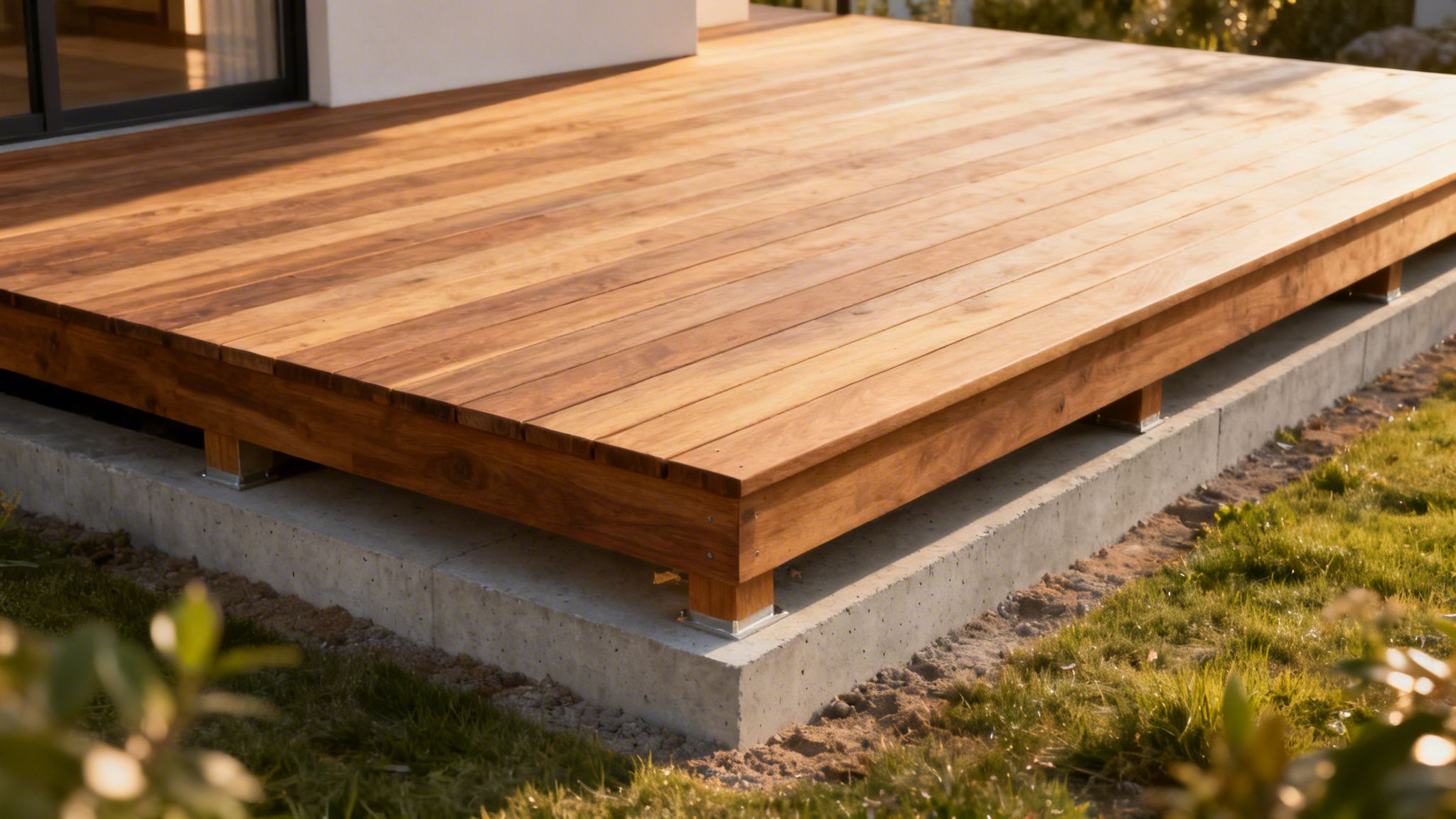 En træterrasse bygget på betonfundament med synlige metalstolpebærere ved siden af et moderne hus i sollys.