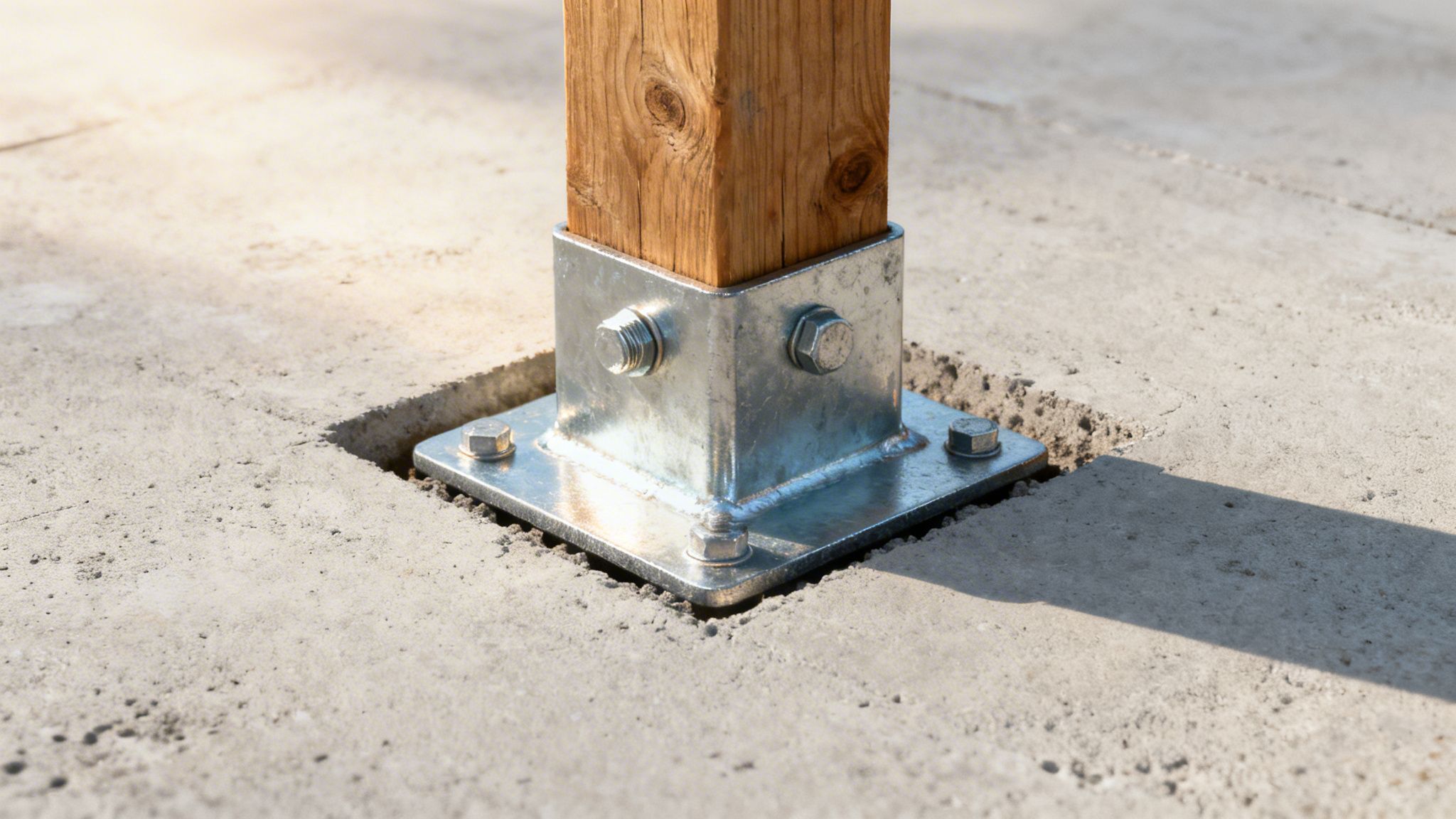 En metal stolpebærer monteret i betonunderlag med tydelige bolte til sikring af en træstolpe i konstruktionen.