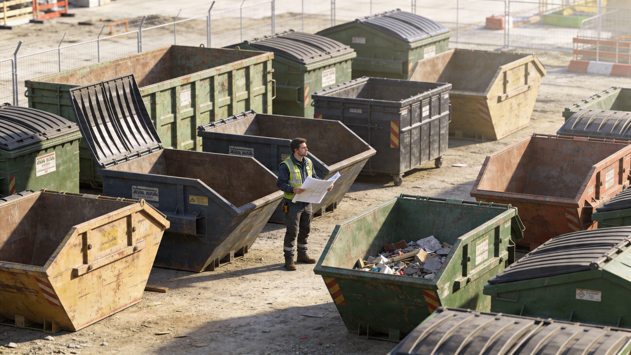 Byggeleder i gul sikkerhedsvest står på en byggeplads og kigger på plantegninger omgivet af mange store affaldscontainere.