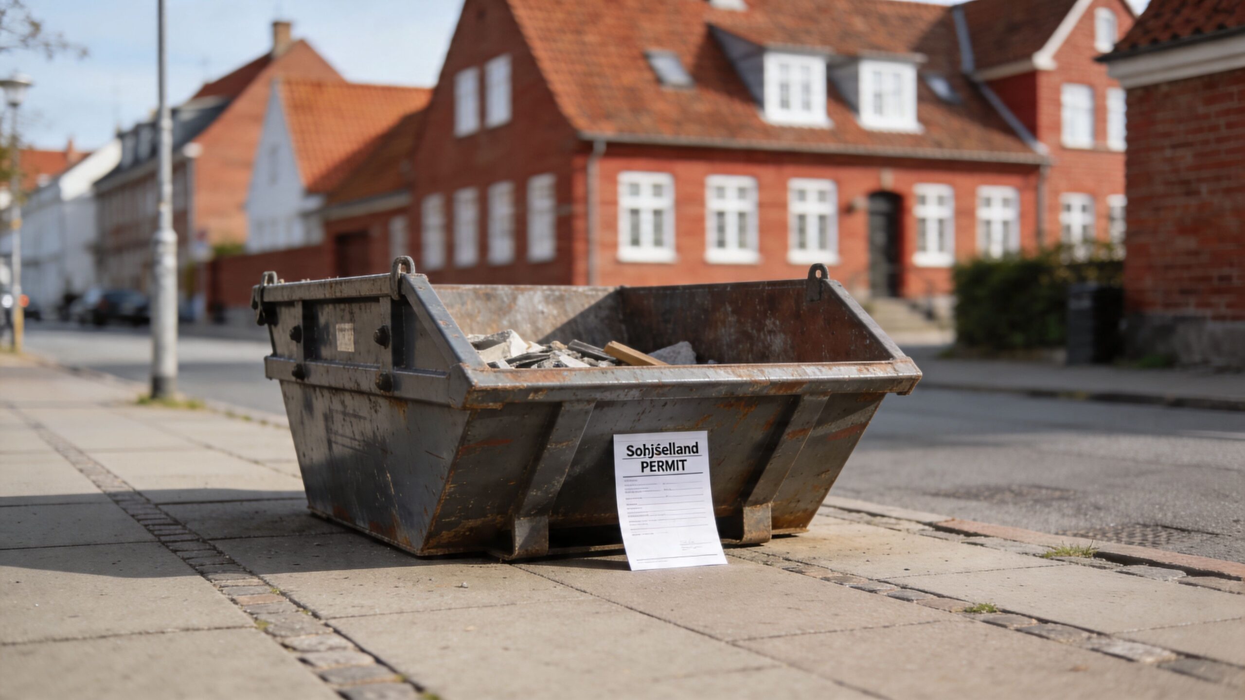 En metalcontainer til byggeaffald står på fortovet foran et rødt murstenshus med en synlig tilladelse foran.
