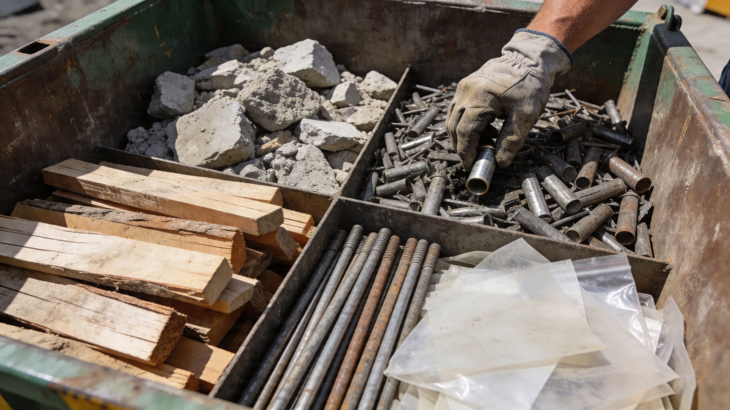 En person sorterer affaldsmaterialer i en opdelt metalcontainer på en byggeplads med træ, beton og metaldele.