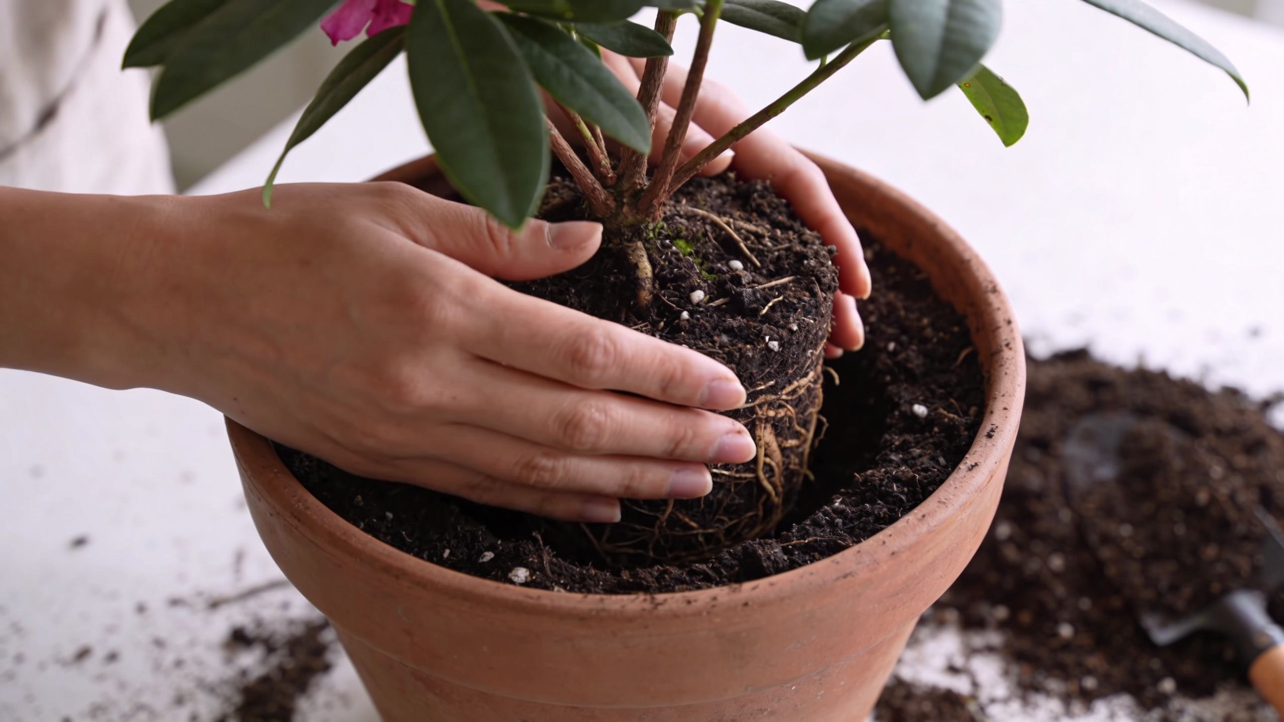 En person omplanter forsigtigt en smuk rhododendron i en stor terracotta-krukke med frisk pottemuld.