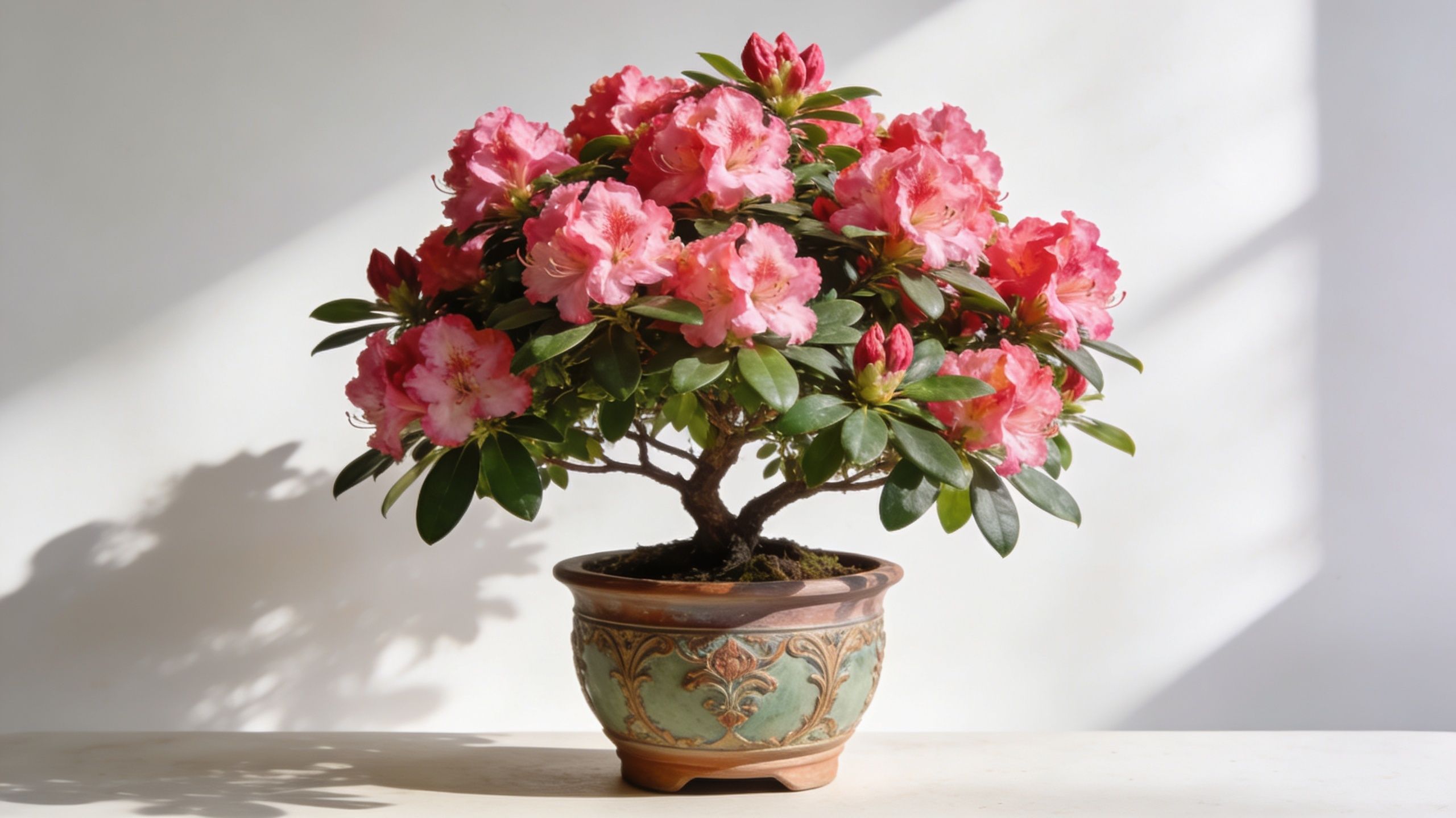 En smuk blomstrende rhododendron bonsai plante plantet i en dekorativ antik krukke mod en hvid baggrund.