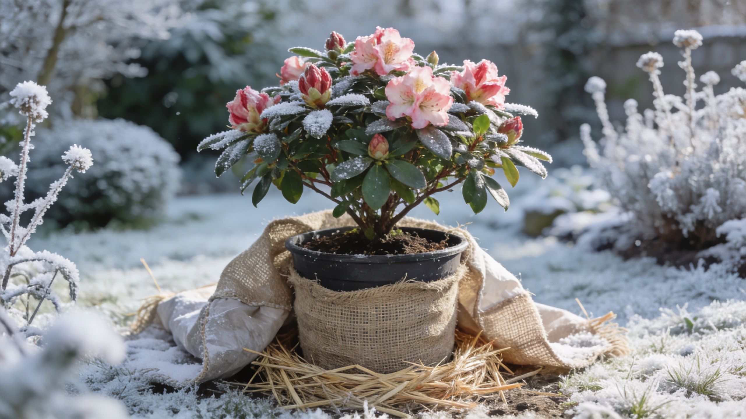 En smuk rhododendron i en krukke pyntet med jute, placeret i en frostklar have dækket af sne.