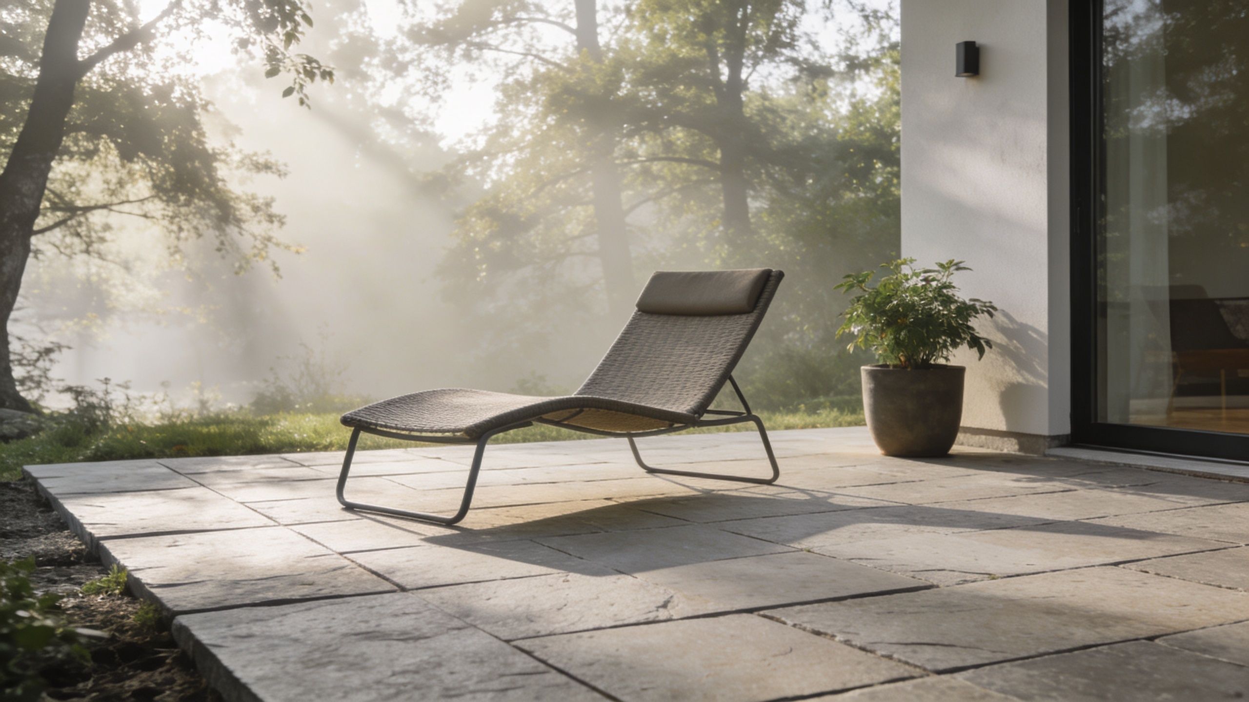 En moderne solvogn i flettet materiale placeret på en terrasse af herregårdssten i sollys.