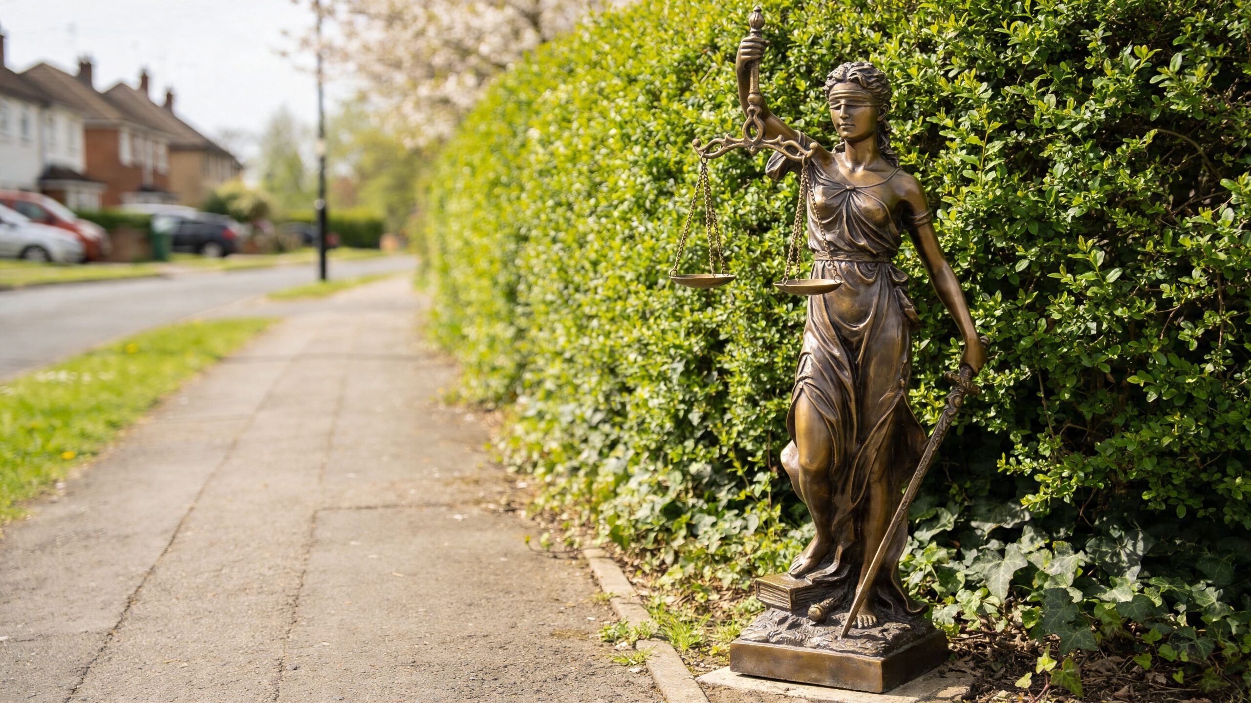 En bronzestatue af retfærdighedens gudinde Justitia placeret ved siden af en grøn hæk langs en fortov.