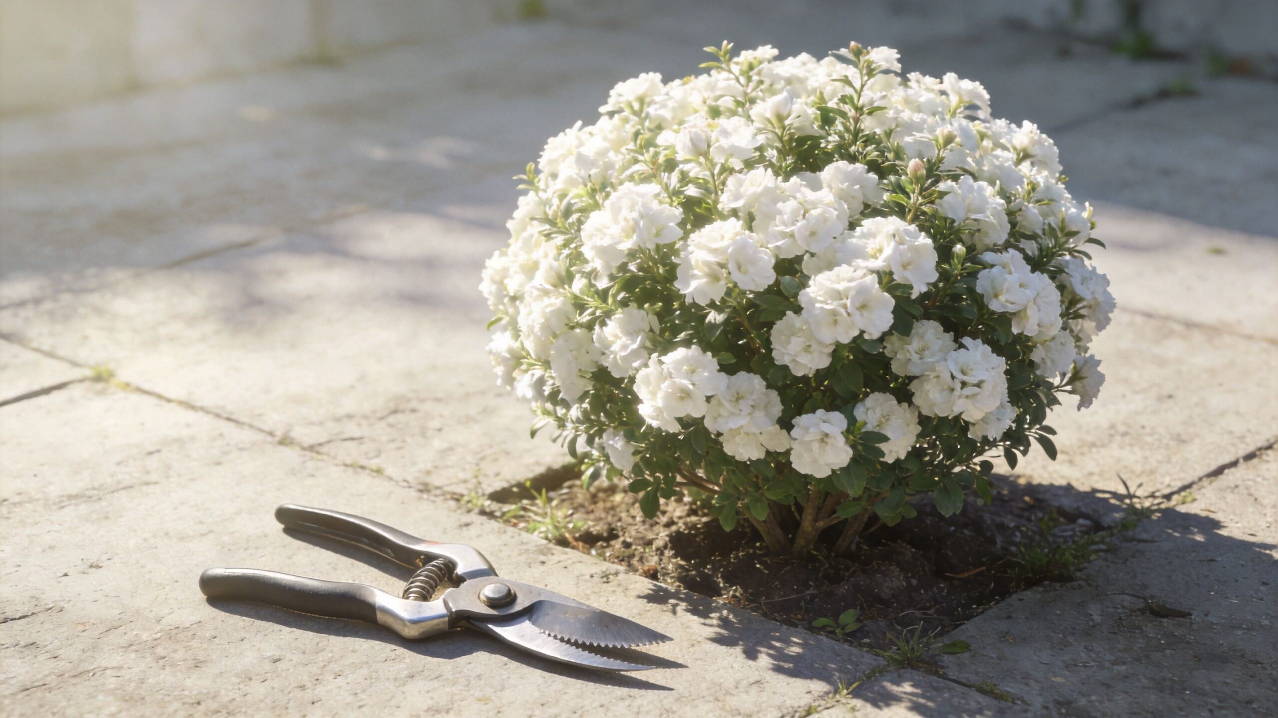 En rund busk med hvide blomster og en havesaks placeret på fliserne i en solrig have.