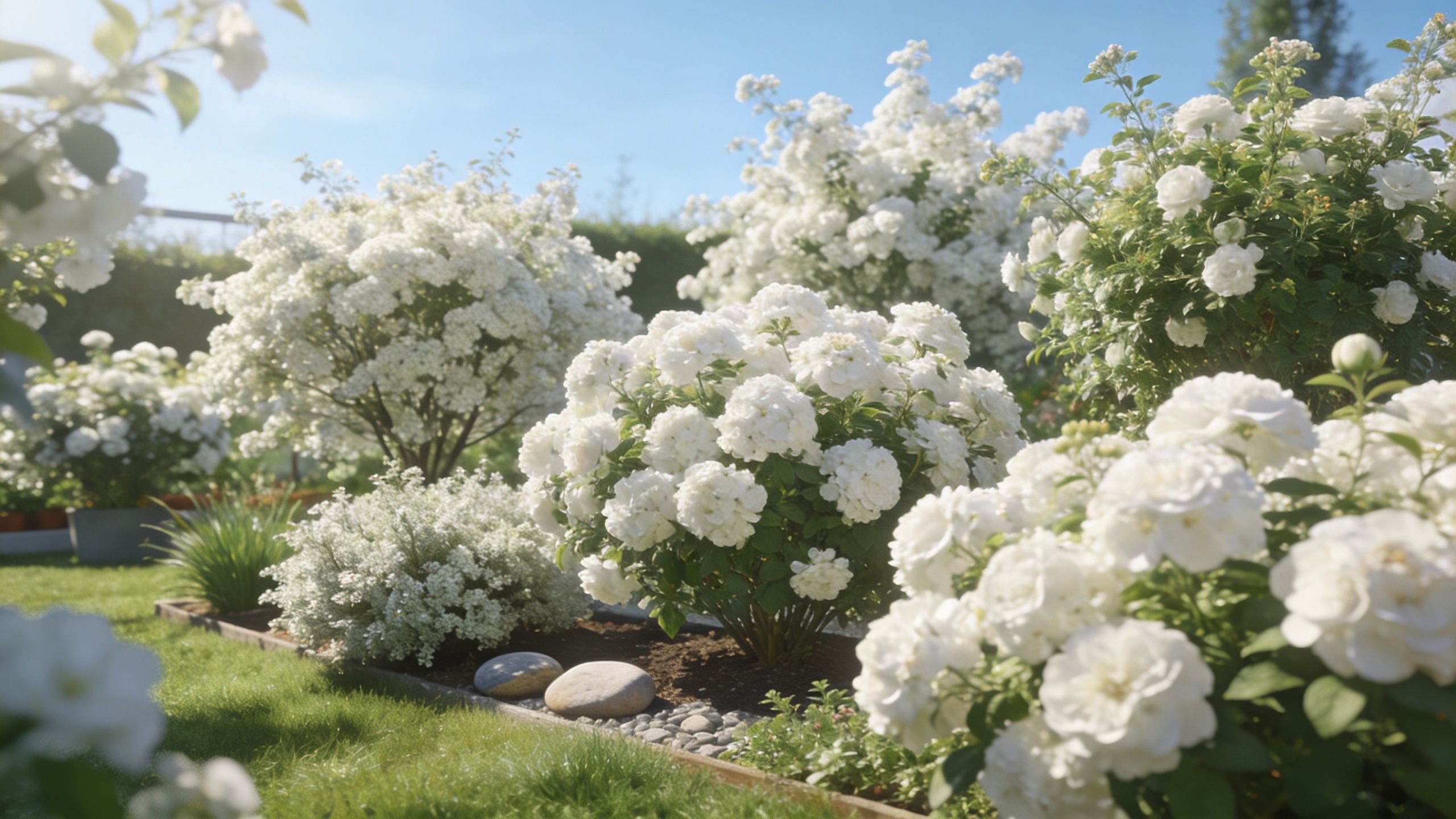En smuk have med velplejede buske fyldt med hvide blomster og dekorative sten i et solrigt landskab.