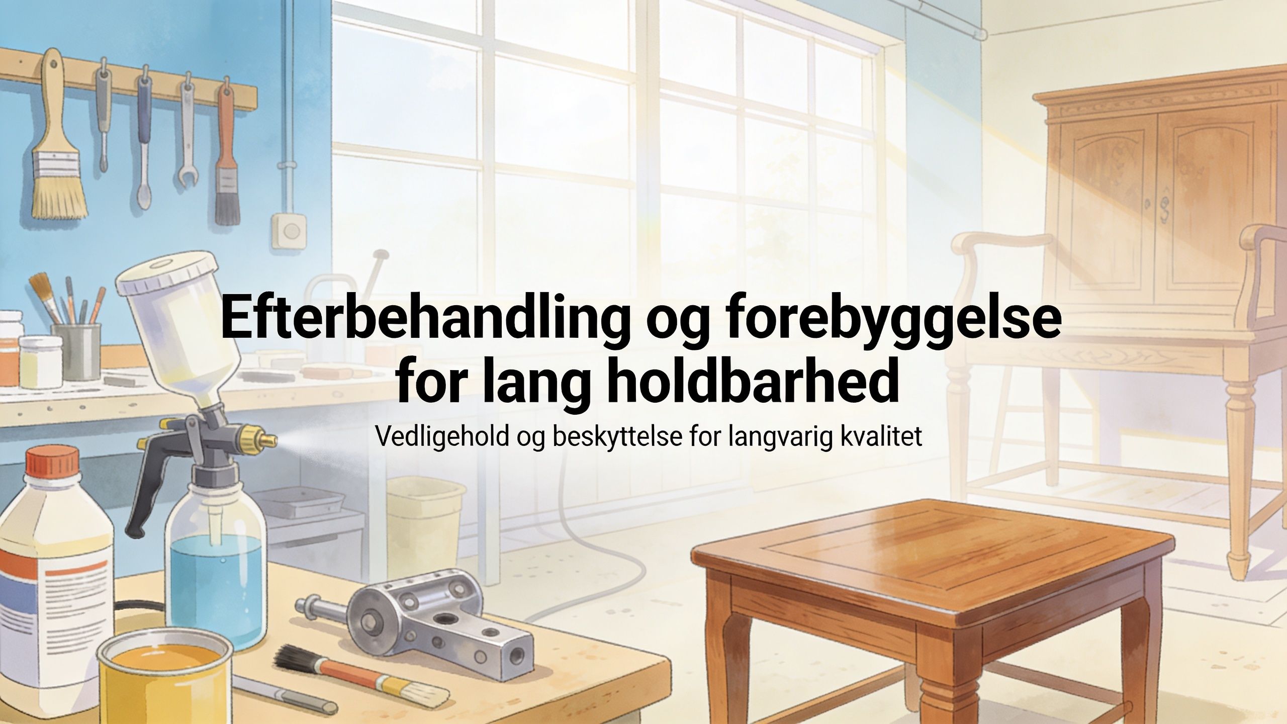 En illustration af et værksted til træbearbejdning med udstyr til efterbehandling og vedligeholdelse af møbler.