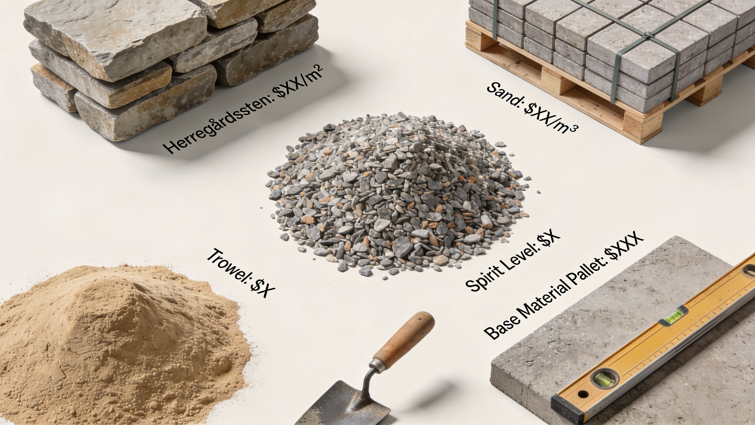 Et udvalg af byggematerialer som herregårdssten, grus, sand, en murske og et vaterpas til havearbejde.