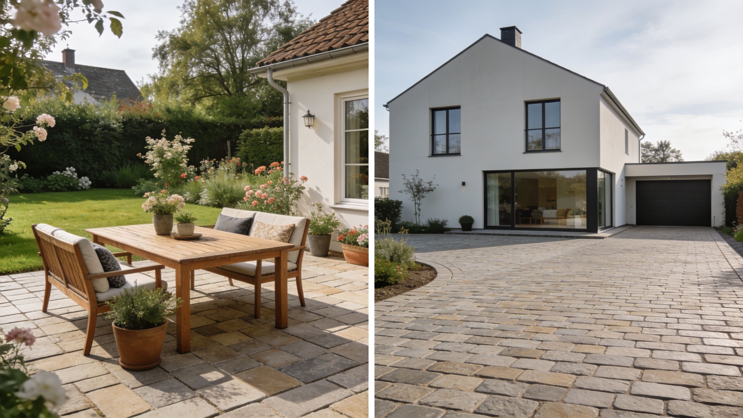 Et smukt hus med en hyggelig terrasse og en rummelig indkørsel belagt med klassiske herregårdssten i stenbelægning.