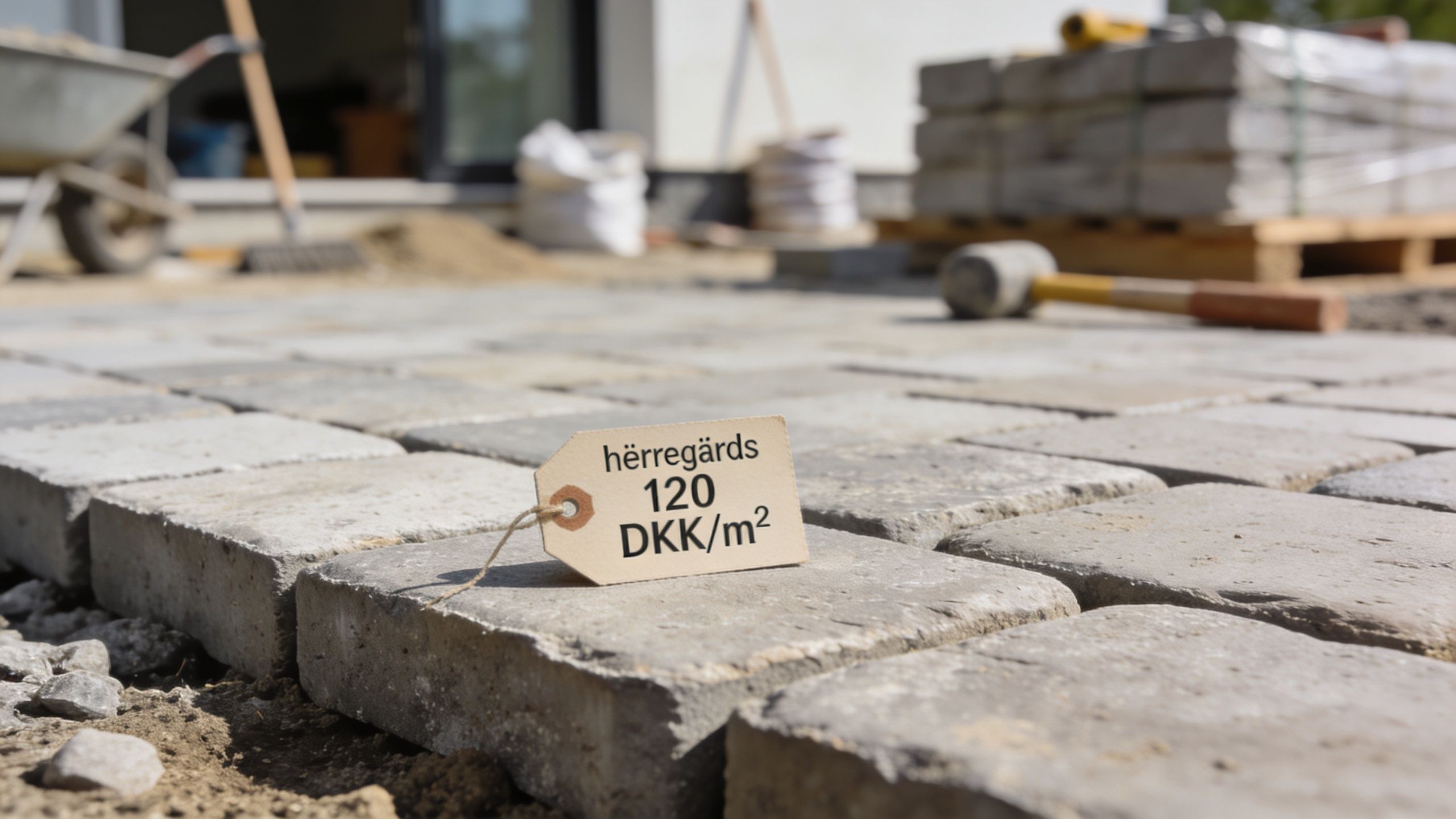 En beige prismærkat med teksten herregårdssten 120 DKK/m2 placeret ovenpå nylagte grå betonfliser under anlægsarbejde.