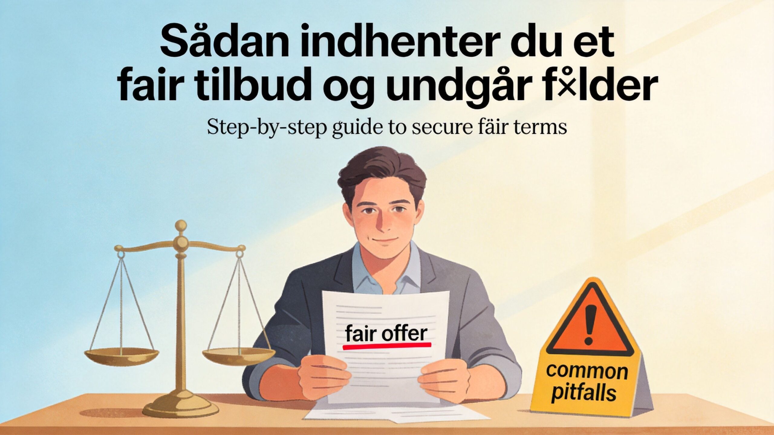 En professionel mand sidder ved et skrivebord med en vægt, et fair tilbud og et advarselsskilt.