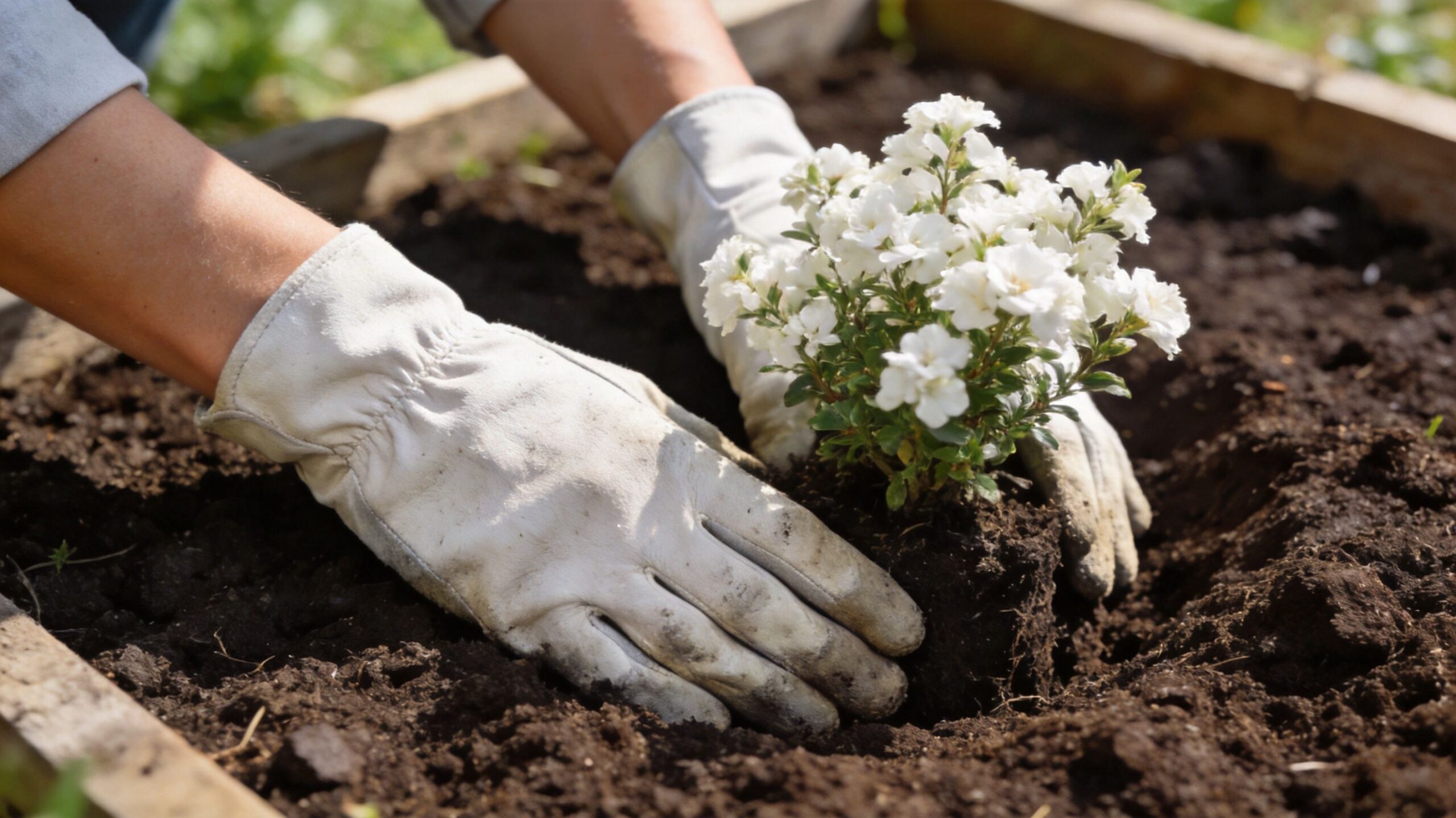 En person bærer havehandsker og planter en lille busk med hvide blomster ned i den mørke havejord.