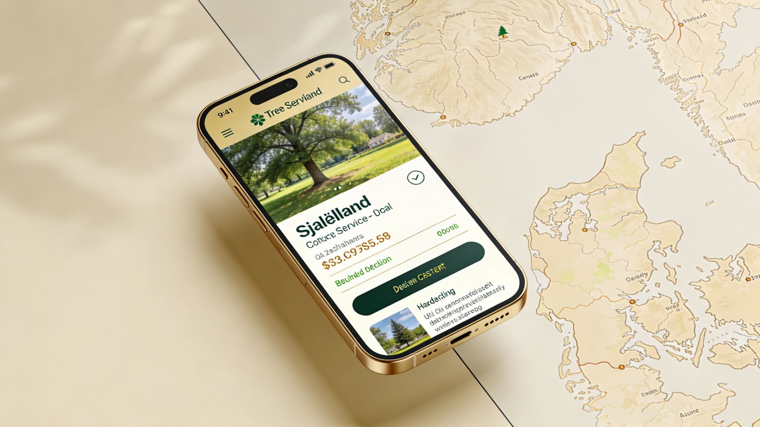 En smartphone viser en app ved navn Tree Servland til professionel fjernelse af træstubbe i Sjælland.