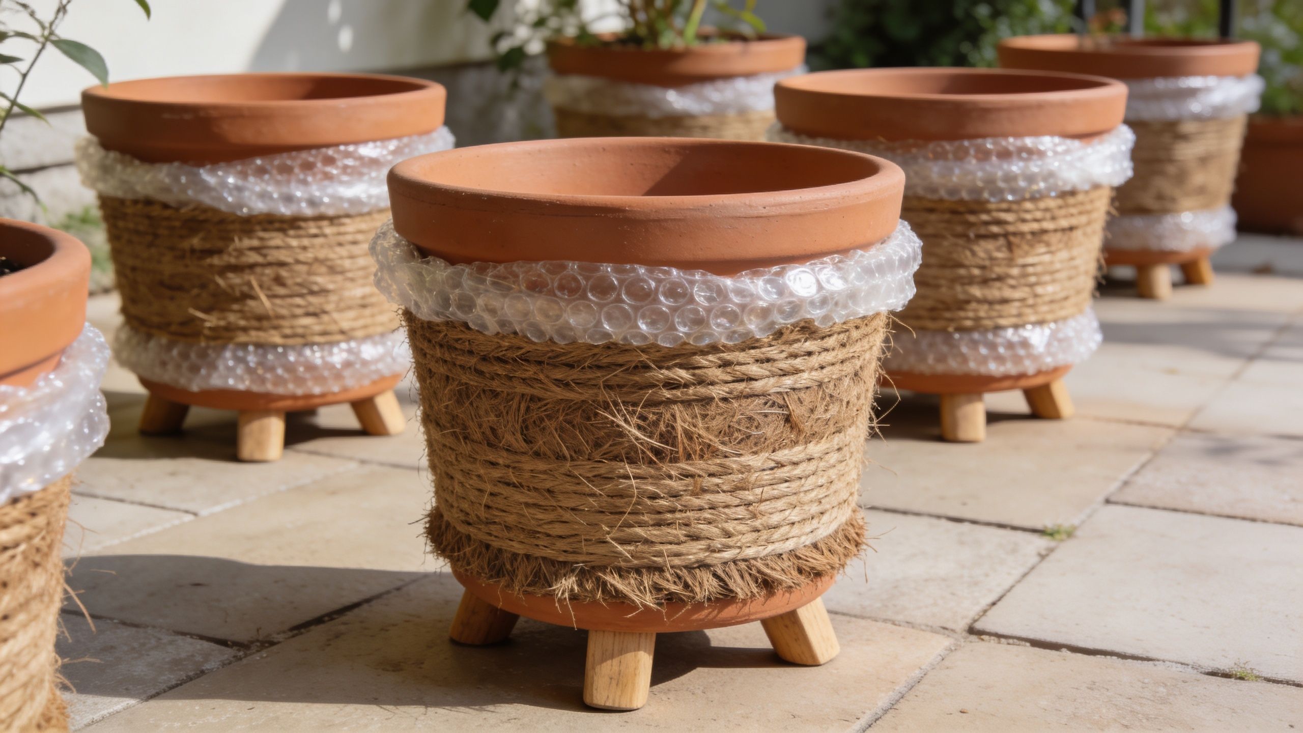 Terracottakrukker omviklet med jute og bobleplast til effektiv vinterbeskyttelse af havens planter mod frost og kulde.